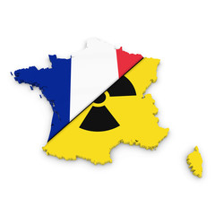French Nuclear Programme Concept Image - 3D Outline of France textured with divided French Flag and Radiation Symbol