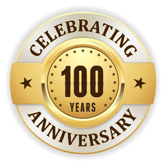 Gold celebrating 100 years, anniversary badge with white border