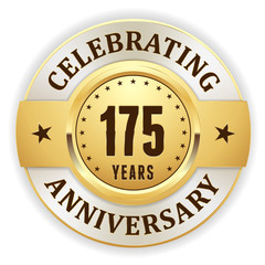 Gold celebrating 175 years, anniversary badge with white border