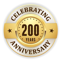 Gold celebrating 200 years, anniversary badge with white border