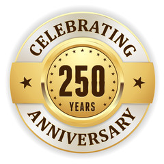 Gold celebrating 250 years, anniversary badge with white border