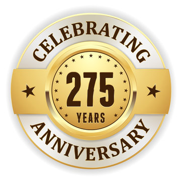 Gold celebrating 275 years, anniversary badge with white border