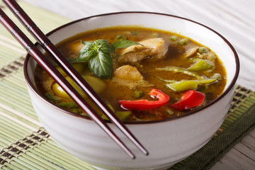 Soup green curry chicken close-up on the table. Horizontal
