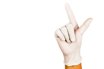 Hand in surgical latex glove gesture number Seven