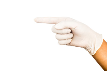 Hand in surgical latex glove pointing against white background