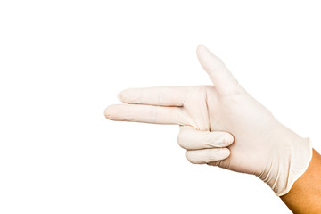 Hand in surgical latex glove gesture pointing and shooting