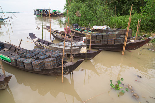 Fishing boats on Ywe River in Myanmar