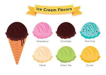 ice cream color flavors scoops (strawberry, chocolate, mint chip, vanilla, green tea, durian) menu design illustration vector