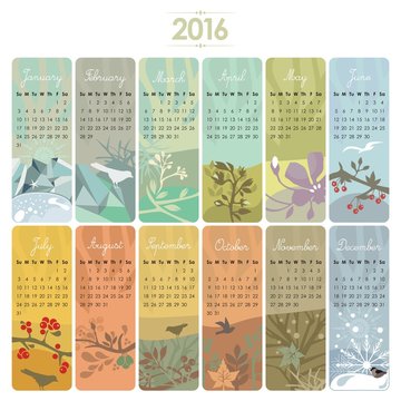 Calendar set for 2016 with vertical banners or cards. Week starts on Sunday.