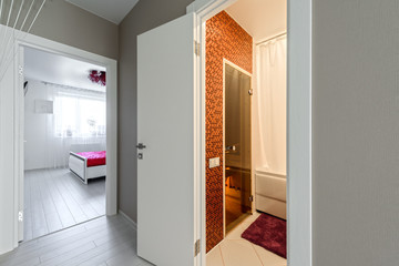 Modern apartment interior, corridor overlooking bathroom
