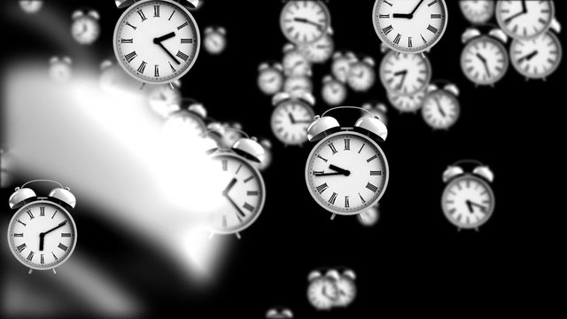 Alarm clocks falling down with depth of field effect + alpha channel
