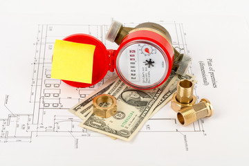Water meter with cash and piping components