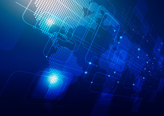 World Map with Technology Dark Blue Background