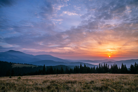 A magic sunrise in the Carpathian mountains