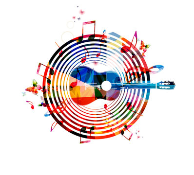 Music notes background with guitar
