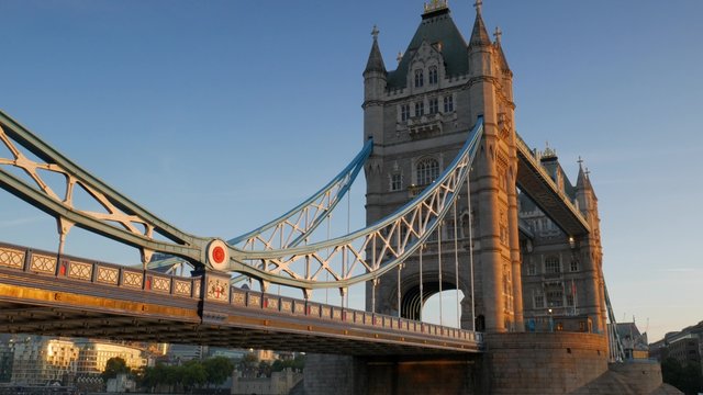 Static shot of Tower Bridge on a stunning clear autumn morning with beautiful sunlight. Original footage is 4K