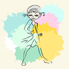 Abstract sketch of a girl in a  hat, dress  for fashion print, poster textiles