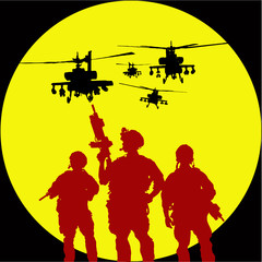 Fototapeta na wymiar Vector silhouette of tree soldiers with helicopter on the backgr