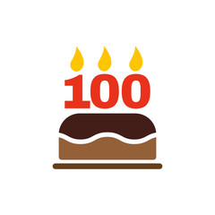 The birthday cake with candles in the form of number 100 icon. Birthday symbol. Flat