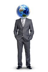 Businessmans body with Earth instead head