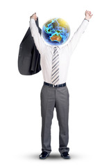 Man with Earth instead head in winner posture