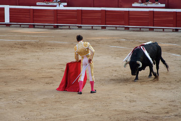 Toreador standing close to bull in corrida performance in Spain