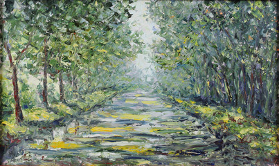 road in the summer forest, oil painting