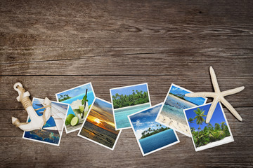 Fototapeta na wymiar snapshots of tropical islands on wooden background