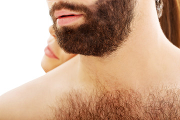 Obraz premium Woman with her head on man's back.