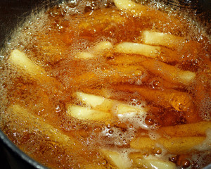 French fries cooking in deep fryer
