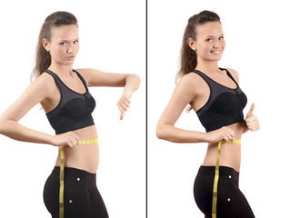 Girl measuring her waist with a measuring tape in inch. Before and after waist training. Bloating abdomen.Beautiful girl with thumbs down and thumbs up. Fat and slim. Isolated on white.