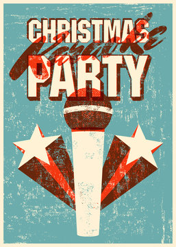 Typographic retro grunge Christmas karaoke party poster. Vector illustration.