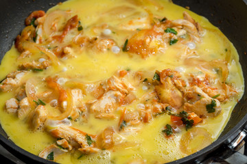 close up of cooking omelette with onion, tomatoes, chicken and parsley on a frying pan