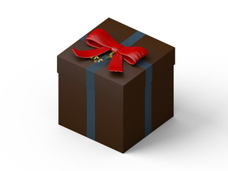 dark brown gift box with red ribbon bow