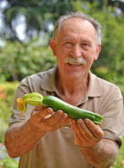 Feliz agricultor sujetando un calabacin de la cosecha.