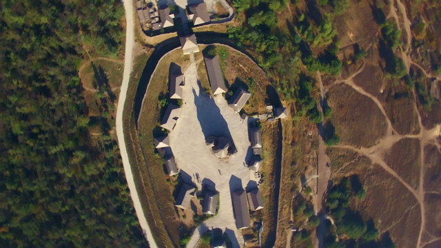 Khortytsya wooden castle - October 4: Aerial view:  Khortytsya wooden castle top view on October 4 2015. Khortytsya island, Zaporizzhya, Ukraine.