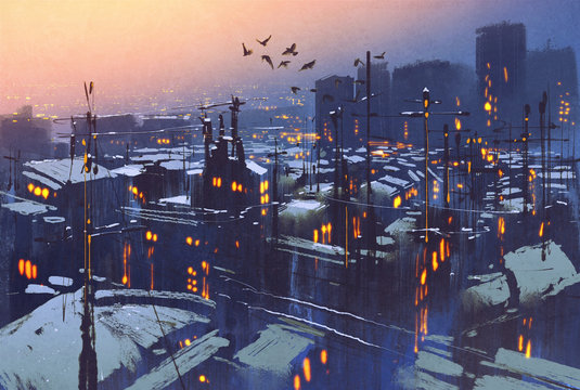 painting of city snowy winter scene,rooftops covered with snow at sunset
