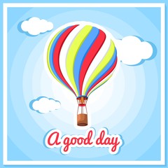 Naklejka premium Vector illustration of a hot air balloon, clouds. Beautiful, colorful balloon, hot air balloon. Greeting card, poster. Good day, air, nature, sky, clouds. Summer background.
