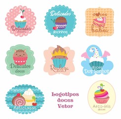 Etiquetas, tags. adesivos doces, docinhos, doce, logo, vetor, padaria, doceria, confeitaria