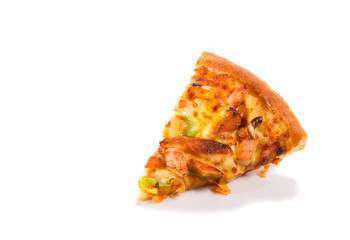 Pizza with ham, tomatoes, mushrooms and chicken isolated on whit