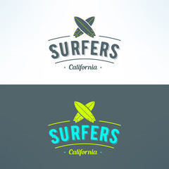Vector surfing logo with surfboards. Surfing shop emblem. T