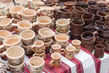 Ukrainian traditional handmade ceramic on decorative towel