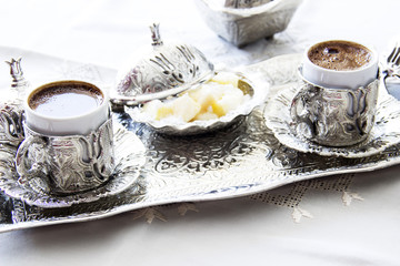 Turkish coffee with delight and traditional serving set