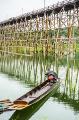 boat at wooden bridge Sangkhlaburi,Kanchanaburi,Thailand/Most famust visit in Thailand