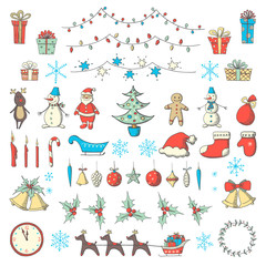 Naklejka premium Set of Christmas and new year elements in sketch style.