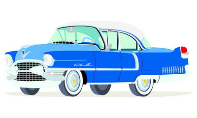 Caricatura Cadillac Fleetwood Sedán 1955 azul oscuro vista frontal y lateral