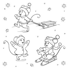 Coloring book or page. Vector mouse set.