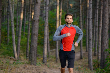 Young Man Running on the Trail in the Wild Pine Forest. Active Lifestyle