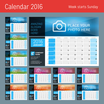 Vector Design Print Calendar Template for 2016 Year. Place for Photo, Logo and Contact Information. Week Starts Sunday. Calendar Grid with Week Numbers and Place for Notes. Set of 12 Months