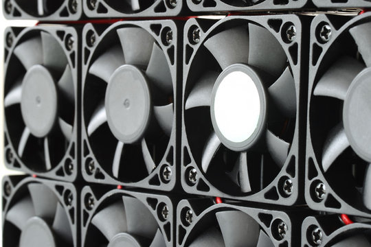Closeup array of computer CPU cooler fans